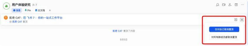 飞书置顶人取消置顶时可选择仅对自己还是所有成员，群成员取消会气泡显示二次确认