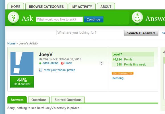 Yahoo! Answers user profile